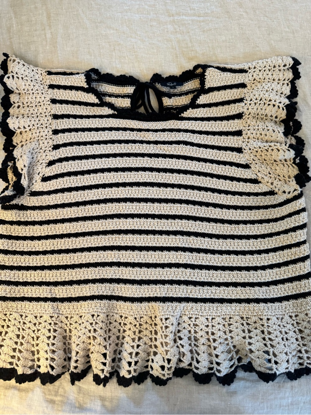 Rails Black & Cream Crochet Stripe Ruffle Sleeve Top